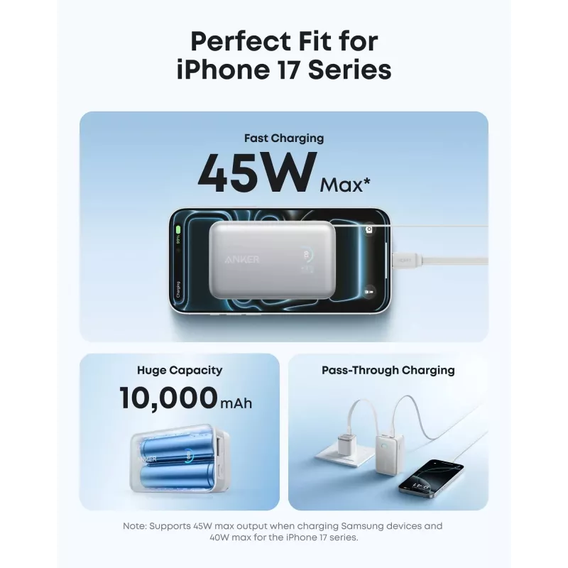 Batería externa Anker A1638 10000 mAh, 45 W de potencia de salida total, Blanco, cable USB-C retráctil integrado