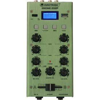 Minimezclador Omnitronic GNOME-202P — mezclador de audio compacto de 2 canales, verde
