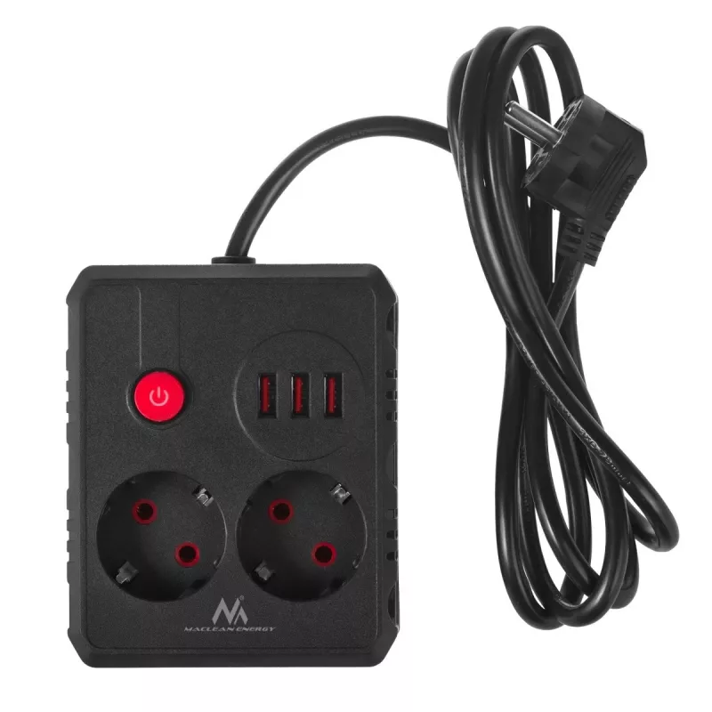 Regleta MACLEAN MCE387 B — 2 tomas de corriente, 3×USB A, 110–240 V, cable de 1,5 m, máx. 2500 W