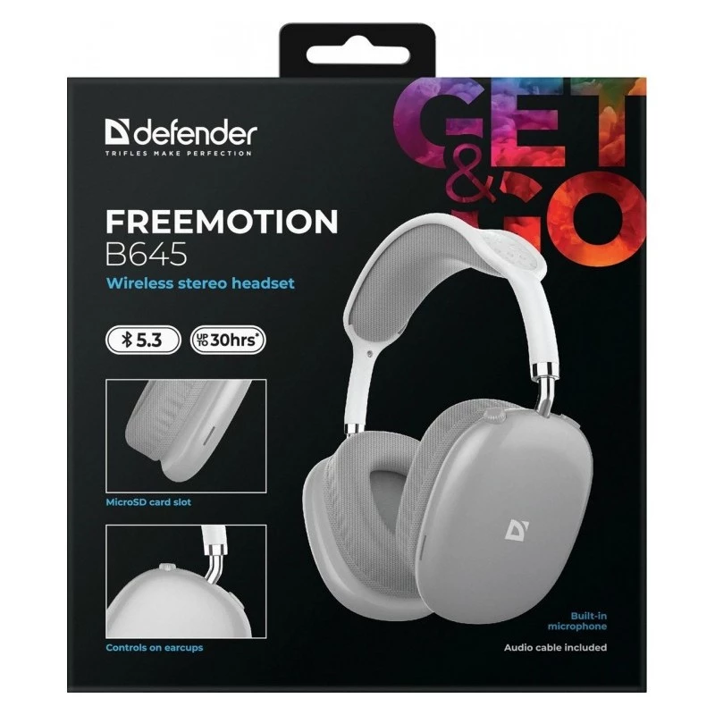 Defender FreeMotion B645 auriculares Bluetooth supraaurales, Bluetooth 5.3, USB-C, jack de 3,5 mm, micrófono integrado, 20–20000 Hz, 105 dB, grises