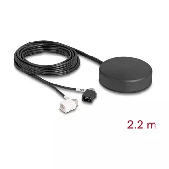 Antena omnidireccional de montaje en techo DELOCK 4G GNSS — 1 FAKRA A + 1 FAKRA B, 2 dBi / 28 dB, 2,2 m RG-174, negra