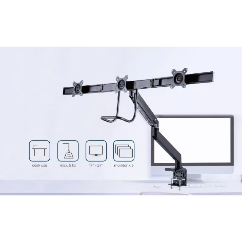 Soporte de escritorio para monitor GEMBIRD MA-DA3-03, 3 brazos, resorte de gas, VESA 75–100x100, soporta 3 pantallas de hasta 27 inch , máx. 18 kg, negro