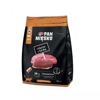 Pienso para gatos Pan Mięsko ternera con pato, alimento completo para gatos adultos, 400 g, 39 % proteína, 16 % grasa