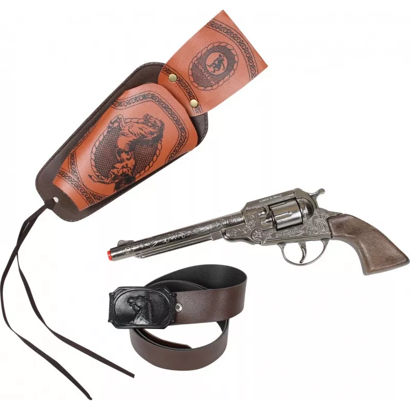 Revolver vaquero de juguete de metal Pulio 155150/0 con funda desmontable, réplica de acción simple