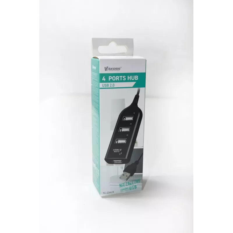 Hub USB VAKOSS TC-234UX — hub USB 2.0 de 4 puertos, alimentación DC (5 V, 1 A), negro