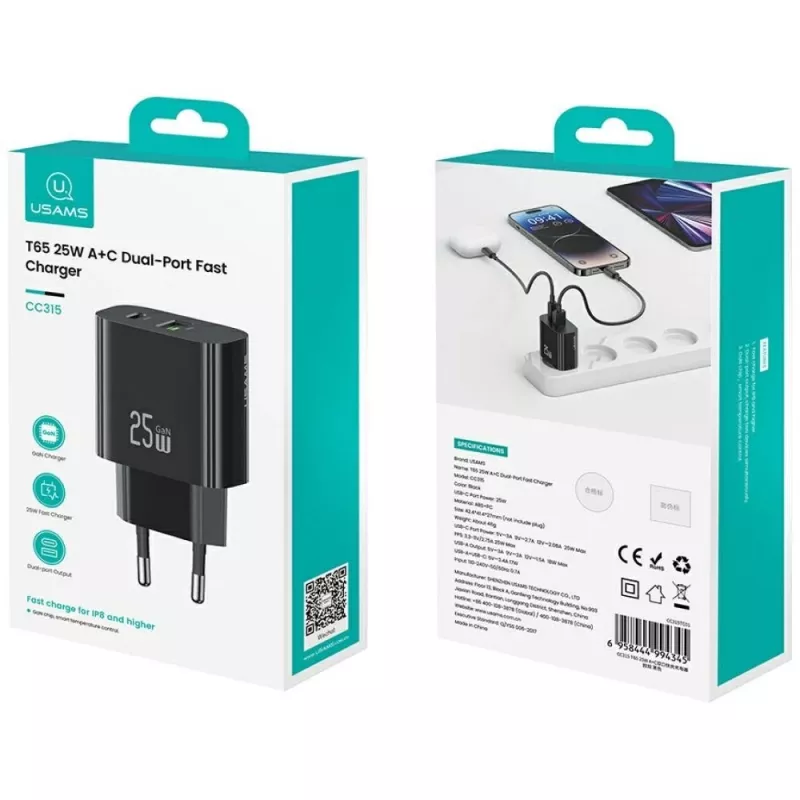 Cargador USB usams USA001629 25W 1×USB-C + 1×USB-A carga rápida