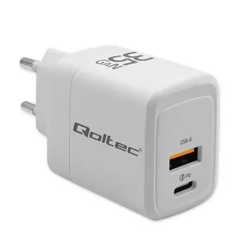 Cargador QOLTEC 51824 GaN 35W USB-C PD y USB QC 3.0, 5–20V, 1x USB-C, 1x USB-A