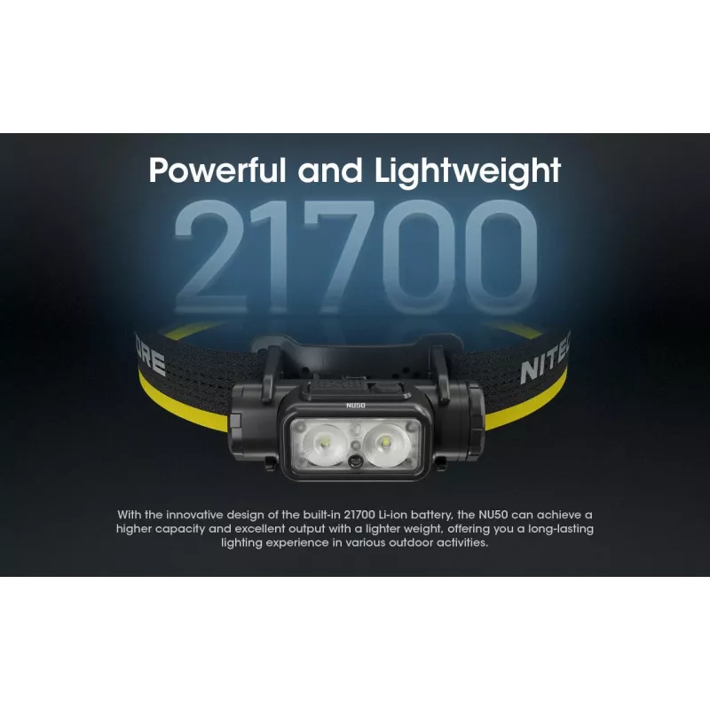 Linterna frontal Nitecore NU50 negra amarilla LED impermeable antichoque