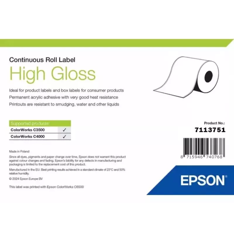 Rollo de etiquetas Epson 7113751, acabado brillante, ancho 76 mm, largo 33.000 mm