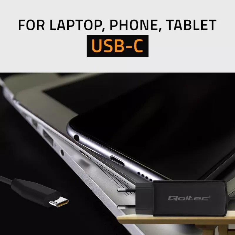 Cargador de portátil GaN QOLTEC 52419 65 W USB-C PD 5 V/20 V 3 A/3,25 A, 220–240 V, cable de 1,8 m, negro