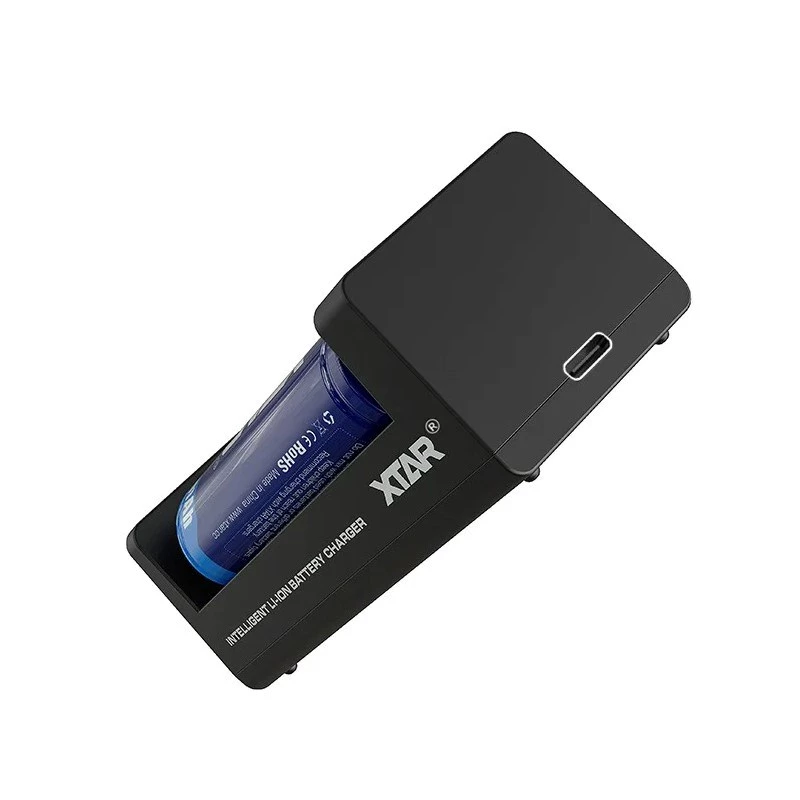 Cargador de baterías Li-Ion de doble ranura XTAR para celdas 18650, entrada USB-C, 2 ranuras, negro, indicadores LED