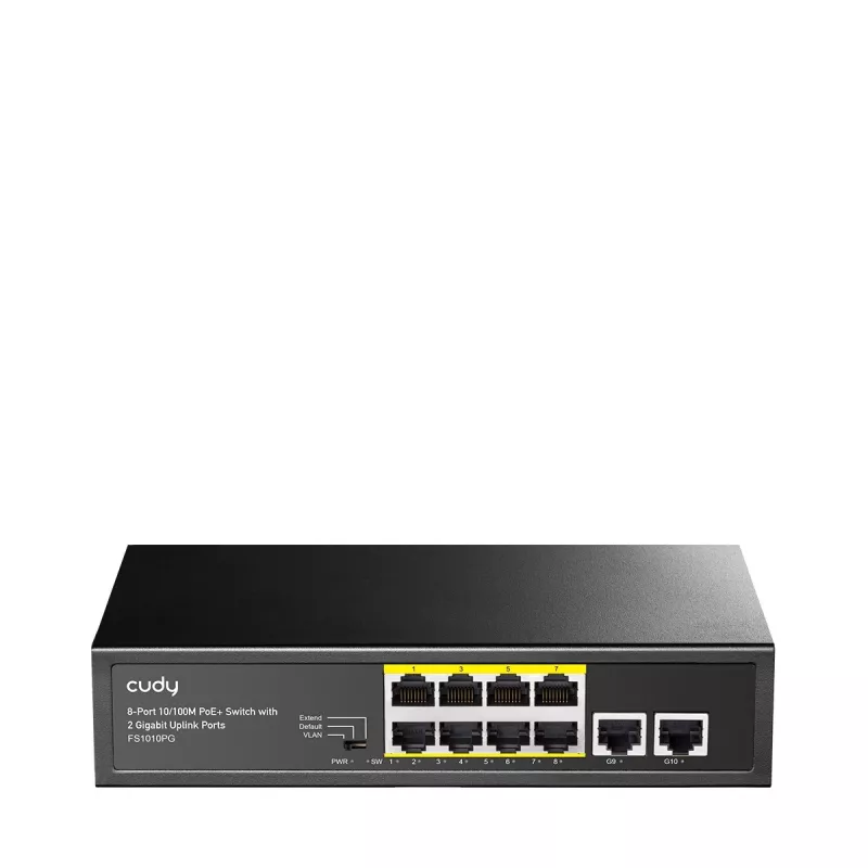 Switch de red Cudy FS1010PG — 10/100 Mbps, 8 puertos PoE, 2 uplink, presupuesto PoE 120W, carcasa metálica