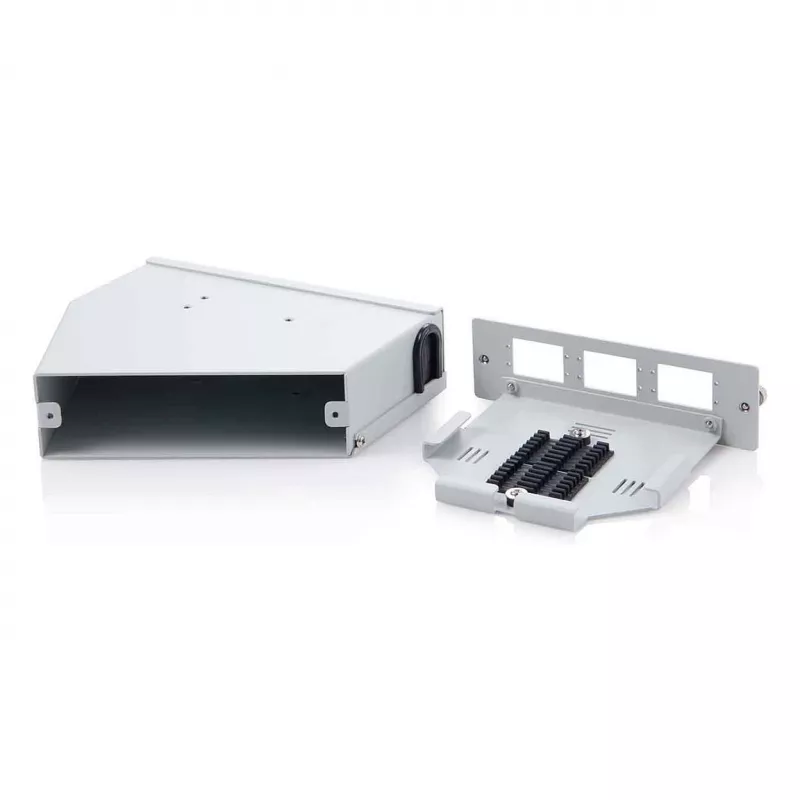 Distribuidor de empalmes de fibra óptica para carril DIN DIGITUS DN-96893 — en ángulo, 6 SC DX / LC Quad, aluminio, gris