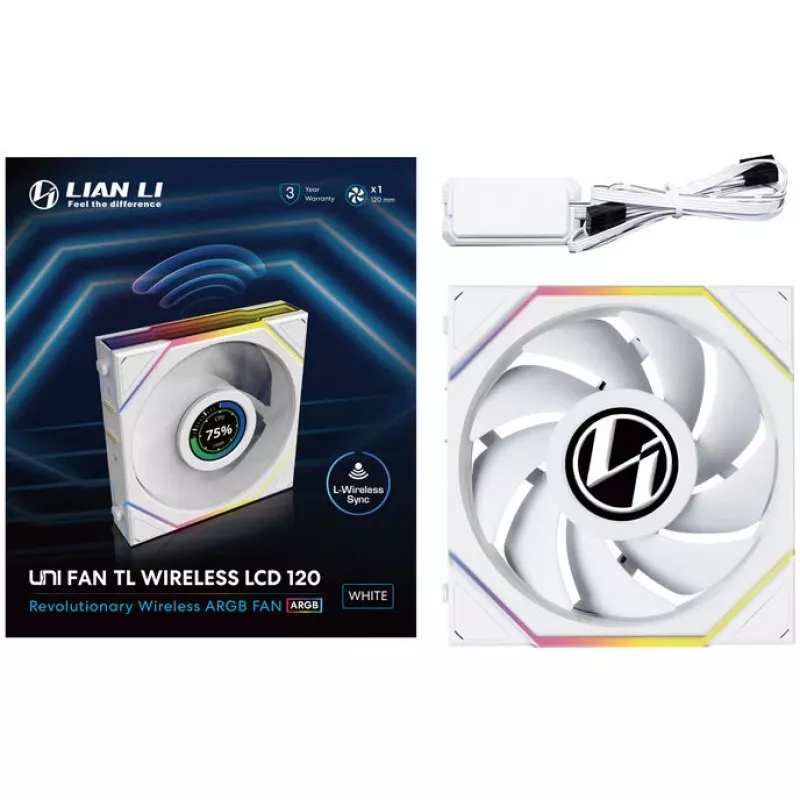 Lian Li UNI FAN TL Wireless LCD 120 White — Ventilador PWM de 120mm con controlador LCD inalámbrico