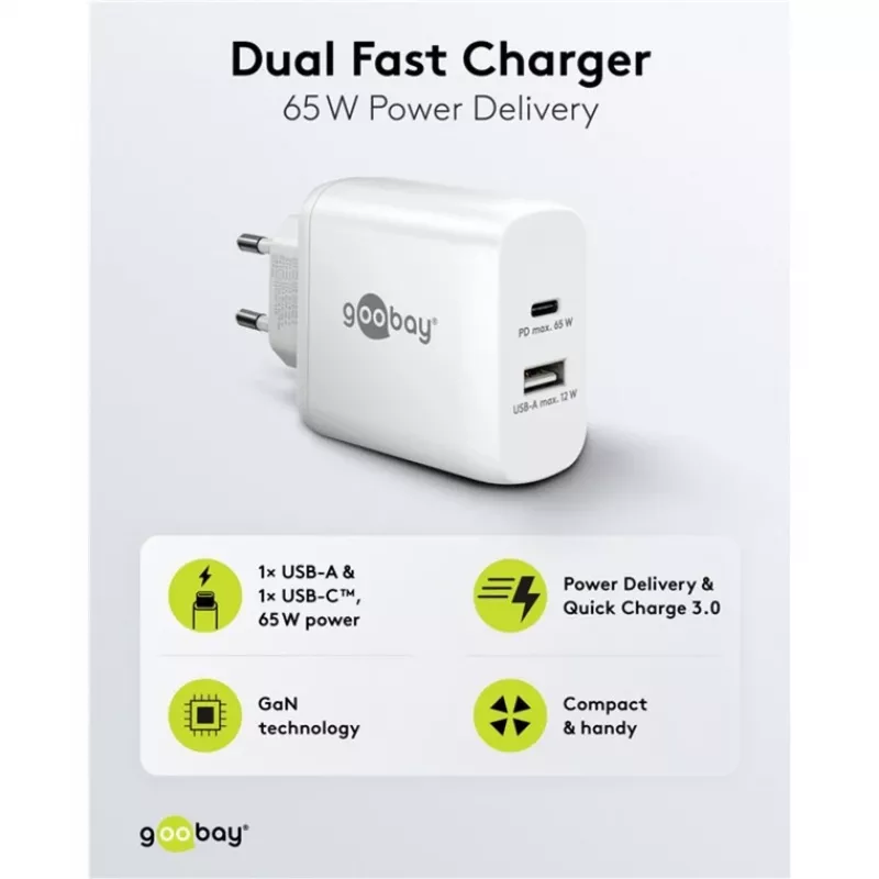 Cargador rápido dual USB-C, PD, GaN, 65 vatios (blanco, 1x USB-C, 1x USB-A, Power Delivery)