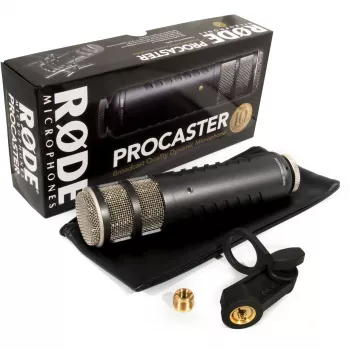Micrófono de estudio dinámico RØDE Procaster — cableado, mini-XLR (3 pines), 75–18.000 Hz, 32 Ω, -56 dB, negro, 695 g
