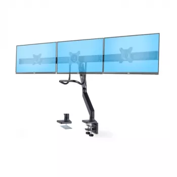 StarTech.com Soporte de escritorio Crossbar para triple monitor para hasta tres pantallas de 27 pulgadas, VESA 75x75/100x100, ajuste de brazos sin herramientas, pinza de mesa/pasacables, brazo asistido por resorte