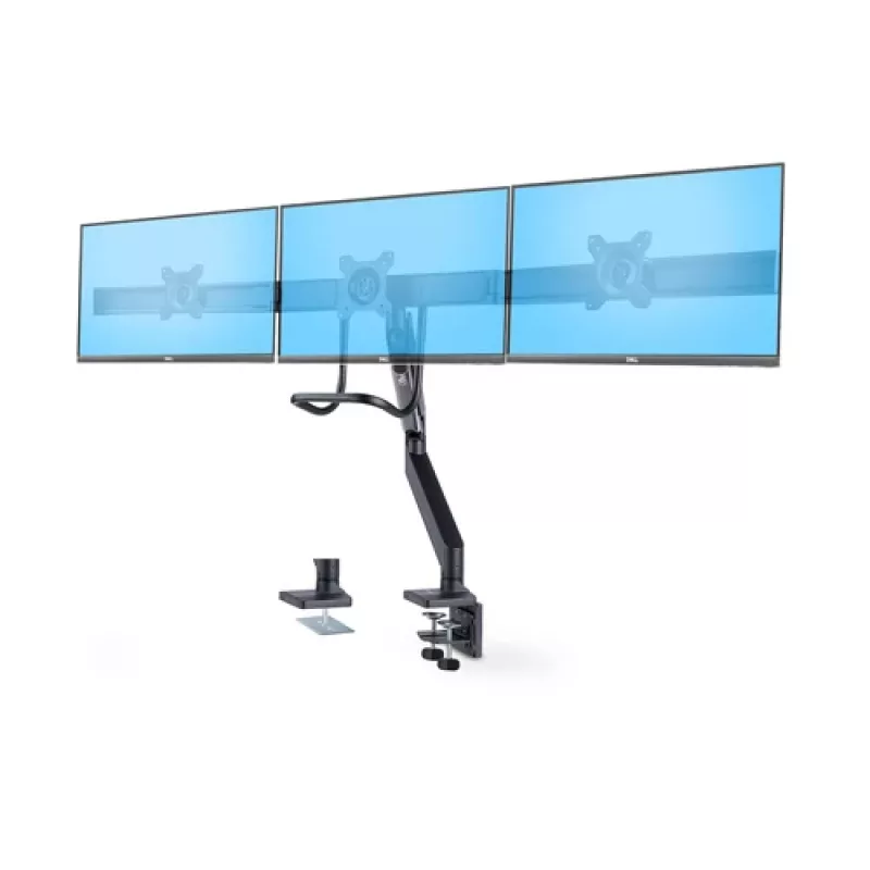 StarTech.com Soporte de escritorio Crossbar para triple monitor para hasta tres pantallas de 27 pulgadas, VESA 75x75/100x100, ajuste de brazos sin herramientas, pinza de mesa/pasacables, brazo asistido por resorte