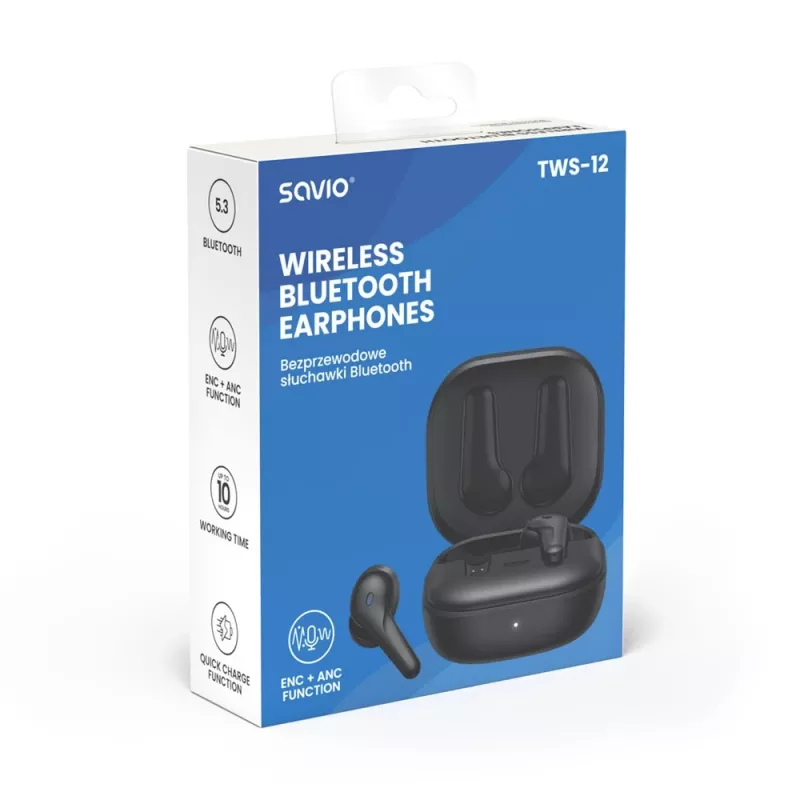 Auriculares in-ear SAVIO TWS-12, Bluetooth 5.3, micrófono integrado, negros