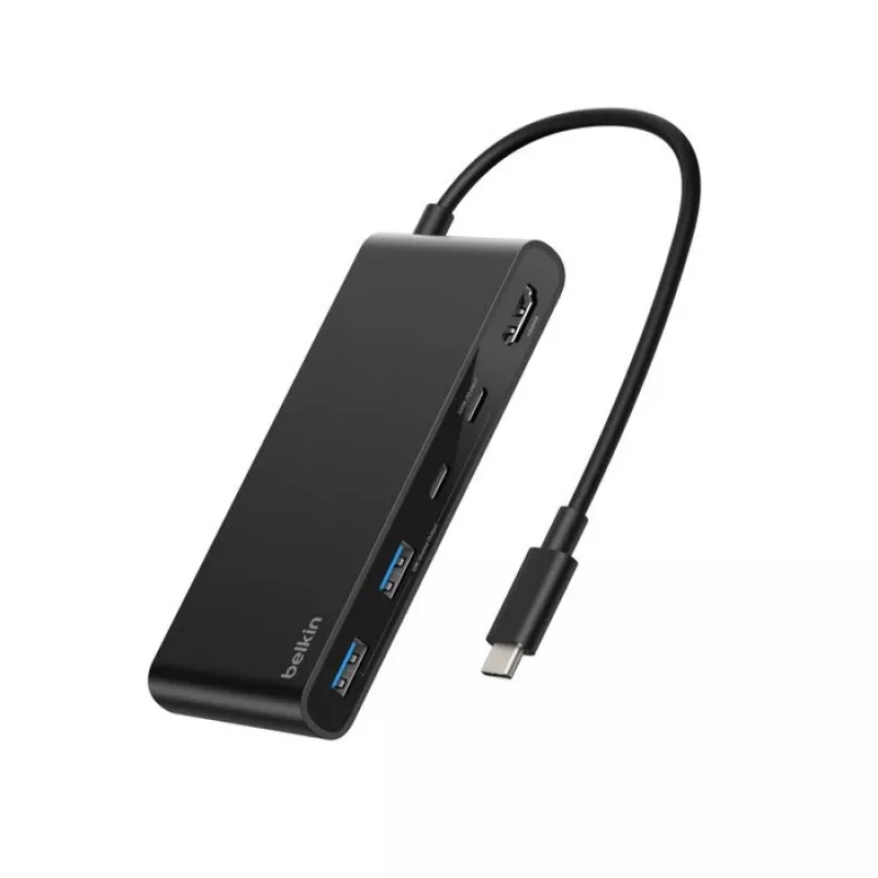 Belkin Connect, USB Type-C, HDMI, USB 2.0 Type-A, USB 3.2 Gen 1 (3.1 Gen 1) Type-C, MicroSD (TransFlash), SD, negro, cable redondo, 0,2 m
