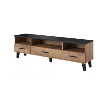 Mueble bajo de TV Cama Meble LOTTA 180 cm — estructura en roble wotan, superficie superior negra mate, 1800×400×530 mm