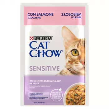 Purina Cat Chow Sensitive Gig con salmón y calabacín en salsa - Comida húmeda para gatos - 85 g