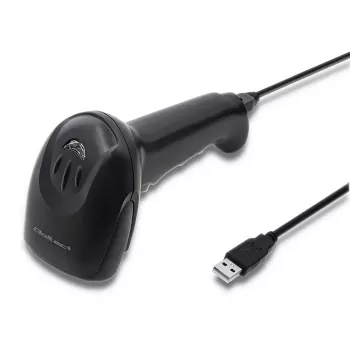 Lector de códigos de barras portátil QOLTEC 50866 — escáner láser 1D, USB con cable, alcance 600 mm, negro, 161,5×88×77 mm