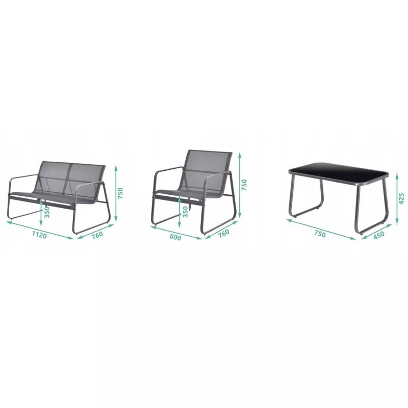 Conjunto de muebles de jardín Extralink BLACK FOREST TEXTILENO DOS SILLAS + TUMBONA + MESA PLEGABLE NEGRO L-0358 Conjunto de muebles de exterior