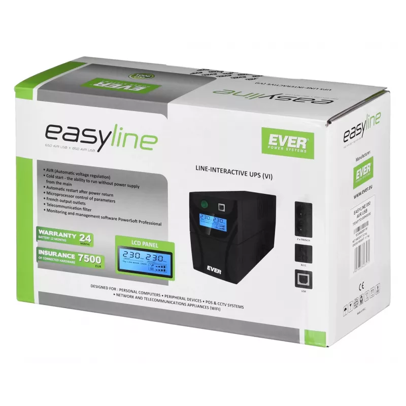 Ever EASYLINE 850 AVR USB Line-Interactive 0,85 kVA 480 W 2 salidas AC