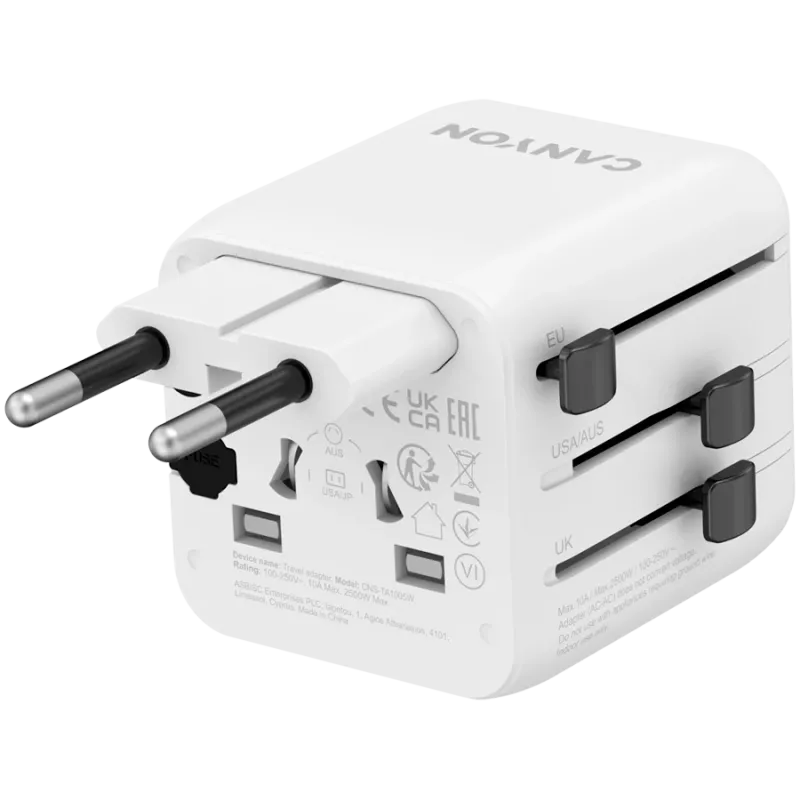 Adaptador de viaje CANYON OnTour One EU UK US AUS blanco (CNS-TA1005W) – conversión universal de enchufes para EU/UK/US/AUS