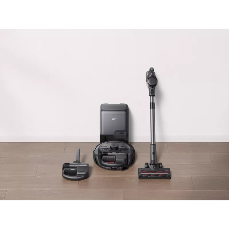 Robot aspirador Eufy E20 negro — redondo, base con bolsa de polvo, 150 minutos de autonomía, 35 cm de diámetro