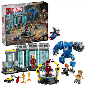 LEGO Marvel Laboratorio Armería de Iron Man 76315 set de juego – 384 piezas, 5 minifiguras, zona de exposición
