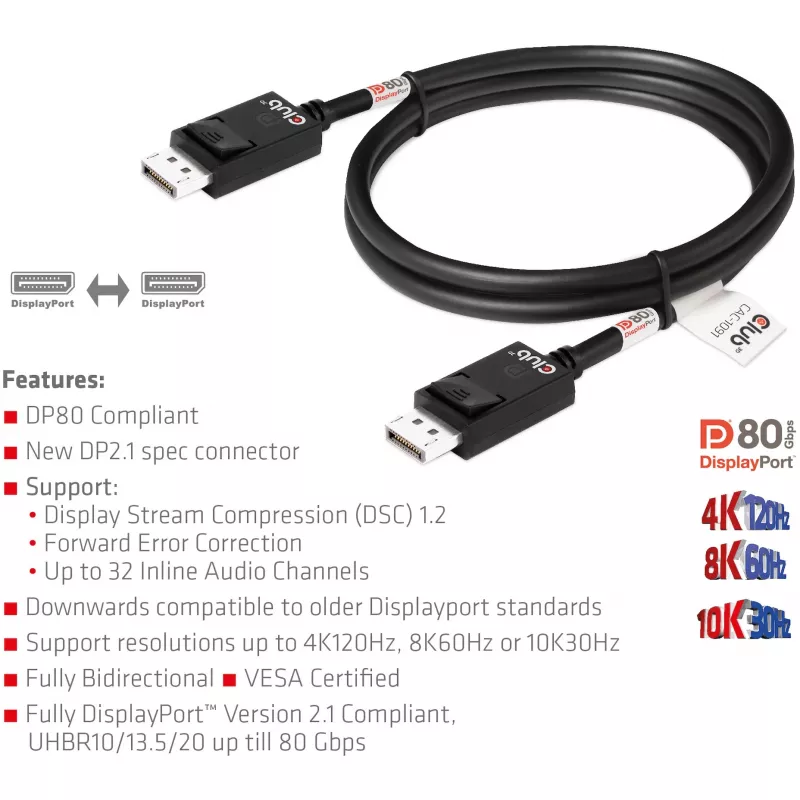 Club 3D CAC-1091 cable DisplayPort 2.1, certificado VESA DP80, bidireccional, 4K120Hz / 8K60Hz / 10K30Hz, macho/macho, 1,2 m