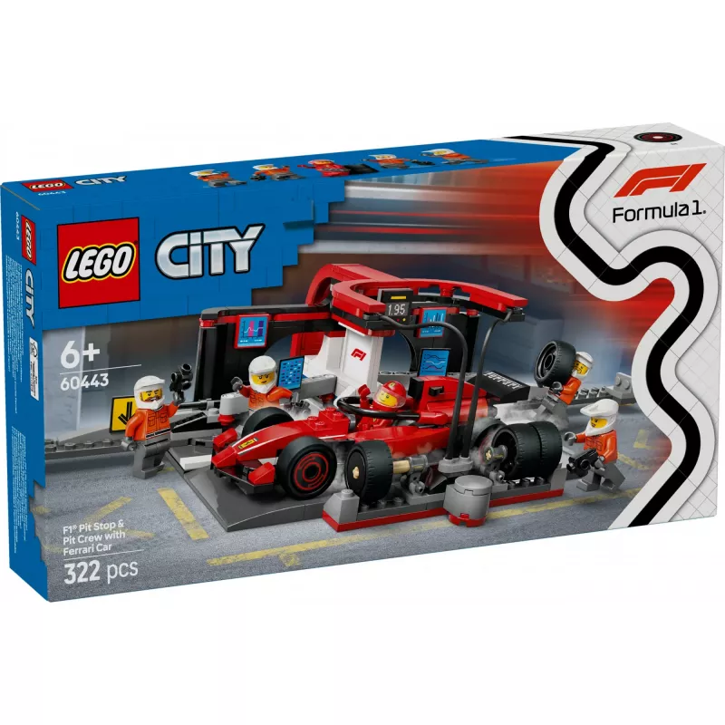 LEGO City F1-Boxenstopp-Set 60443 – Coche Ferrari F1, 322 piezas, 5 minifiguras, edad 6+