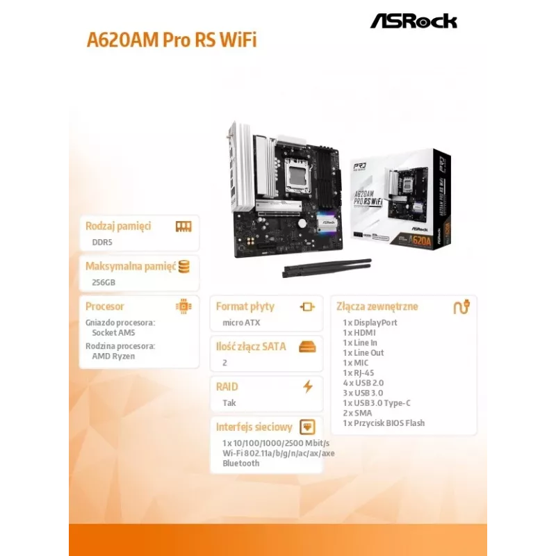 Placa base ASROCK A620AM PRO RS WIFI AM5 microATX, AMD A620, 4×DDR5, Wi-Fi, HDMI, DP, 3×M.2, 2×SATA, audio 7.1, LAN 1 Gb