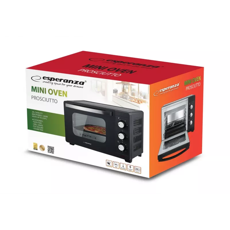 Mini horno ESPERANZA EKO008N – 20 L, 1280–1300 W, hasta 230 °C, temporizador de 60 minutos, mandos giratorios, puerta de cristal, independiente