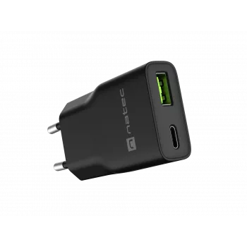 Fuente de alimentación NATEC Ribera NUC-2377 — 1×USB-A, 1×USB-C, salida 3 A