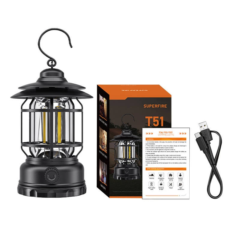 Linterna de camping Superfire T51 USB-C recargable portátil, modelo T51
