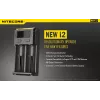Cargador de baterías Nitecore NEW i2 — cargador de 2 canales para LiFePO4, Li-Ion, NiMH; entrada 100–240V; salida 9–12V; compatible con AAAA/C/D/AAA/AA; negro