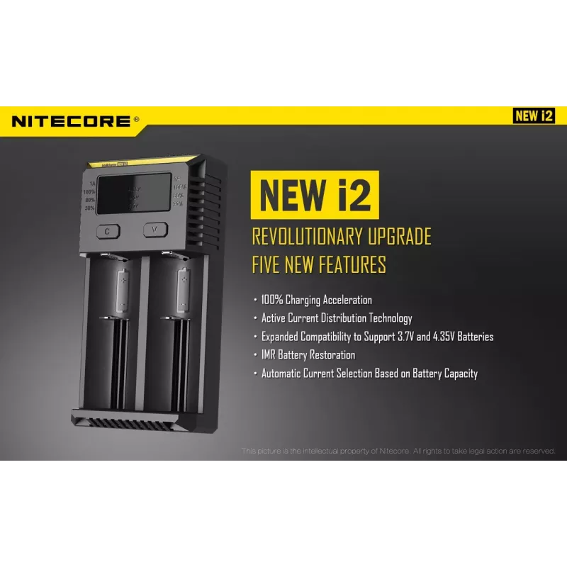 Cargador de baterías Nitecore NEW i2 — cargador de 2 canales para LiFePO4, Li-Ion, NiMH; entrada 100–240V; salida 9–12V; compatible con AAAA/C/D/AAA/AA; negro