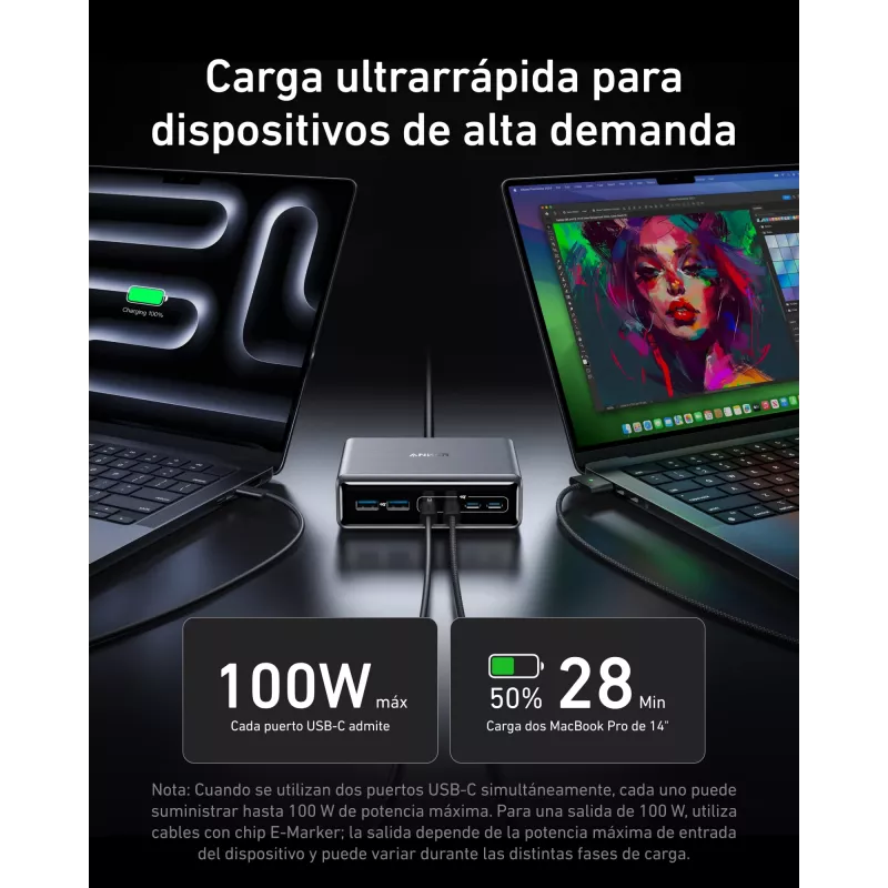 Cargador GeNPrime 200W GaN 4xUSB-C 2xUSB-A negro