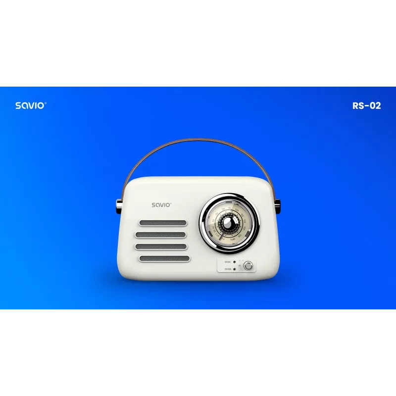 Radio portátil SAVIO RS-02 — sintonizador FM analógico, Bluetooth 5.3, alimentación por USB, 3 W, blanco