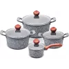 PROMIS Batería de cocina de granito, cazo 16 cm y ollas 20, 24, 28 cm, asas marrones