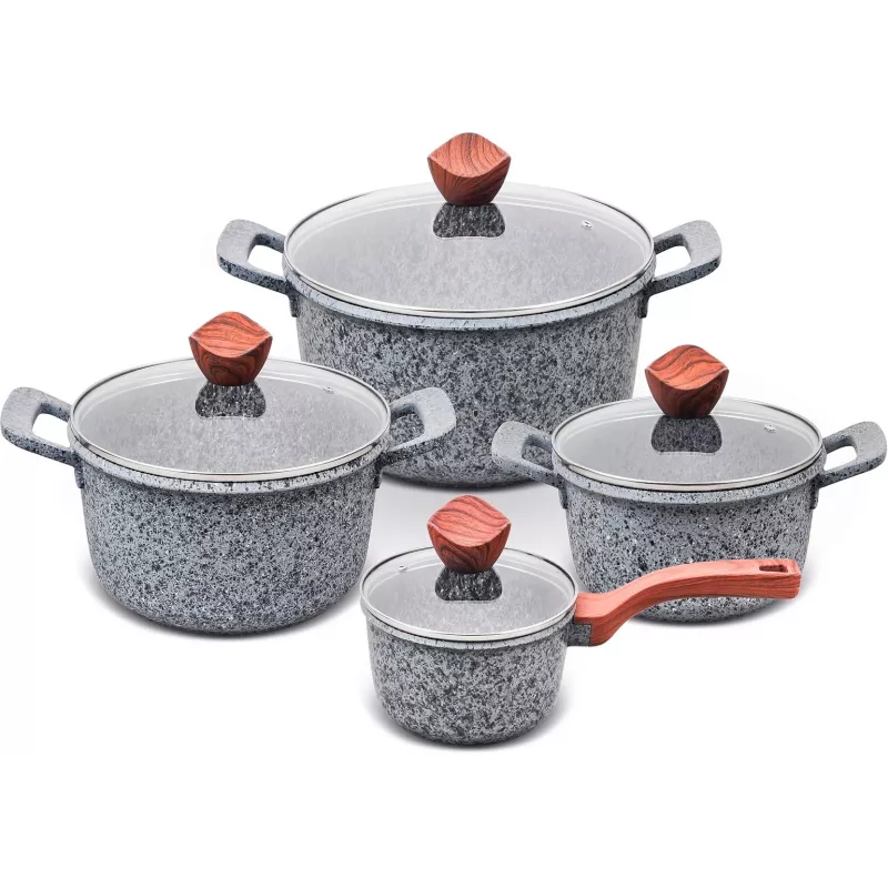 PROMIS Batería de cocina de granito, cazo 16 cm y ollas 20, 24, 28 cm, asas marrones
