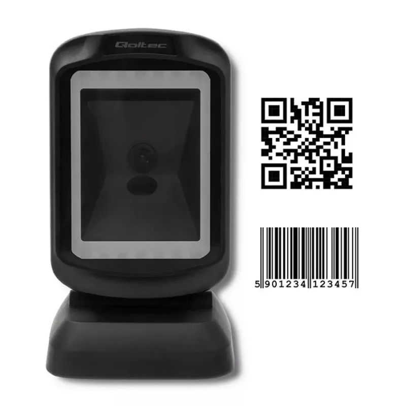 Lector de códigos de barras fijo 1D/2D QOLTEC 50864, sensor LED, USB (con cable), negro, 145×85×80 mm