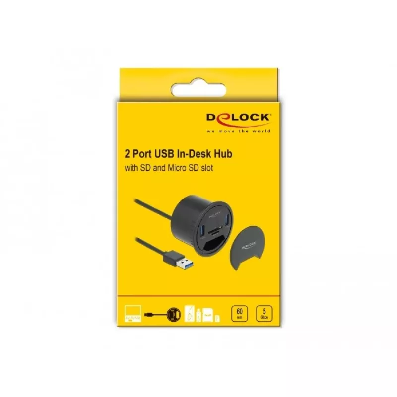 DeLOCK 64152 hub USB 3.2 Gen 1, 2 puertos, con lector de tarjetas SD/microSD