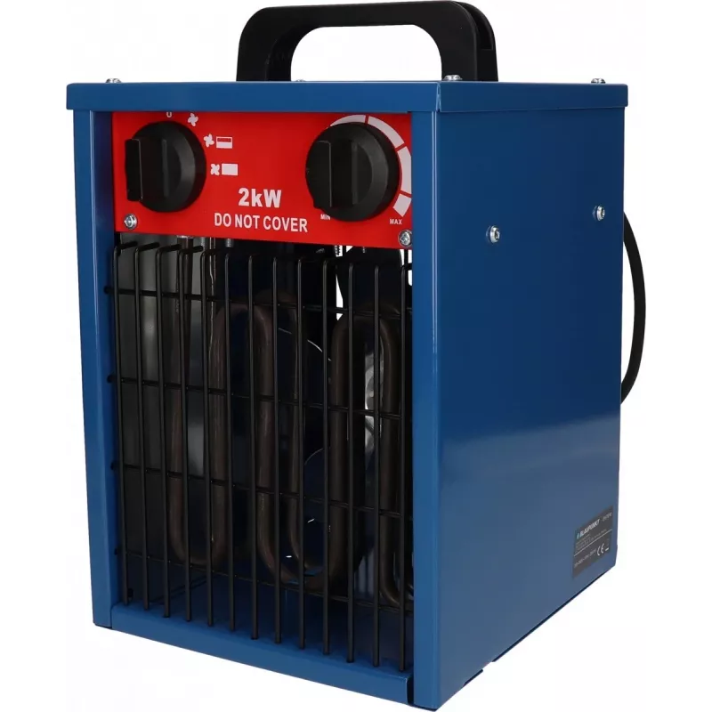 Calefactor ventilador eléctrico BLAUPUNKT EH7010 – 2000 W, elemento de acero inoxidable, IPX4, instalación en suelo, para hasta 22 m², negro/azul/rojo
