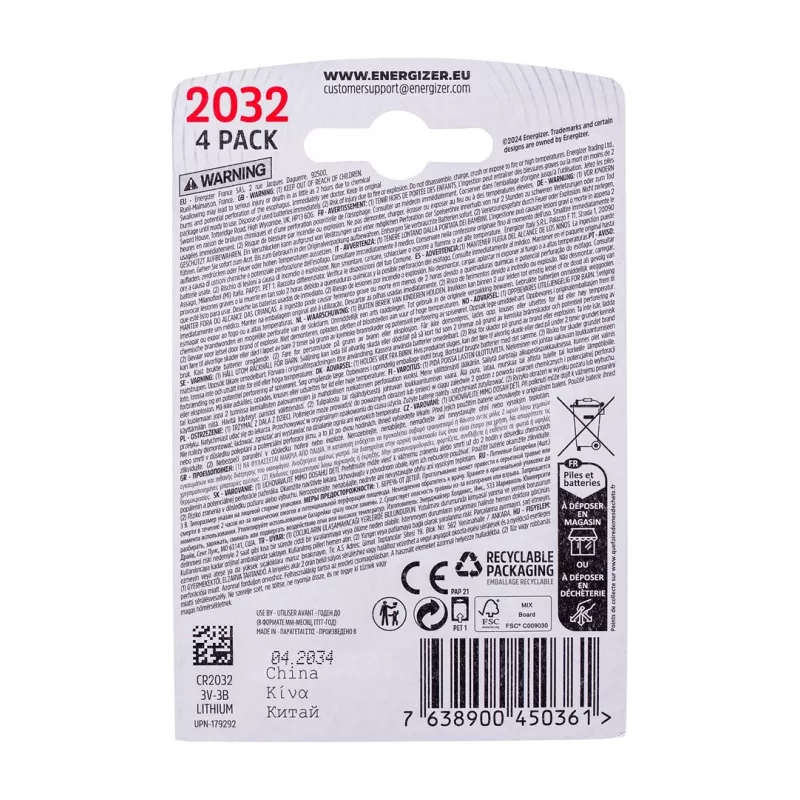 PILA ENERGIZER SPECIALIZED CR2032, 4 uds., 3V, ECO