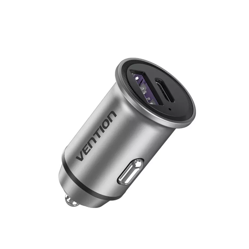 Vention dos puertos USB A+A (30+30) cargador de coche gris estilo mini tipo aleación de aluminio