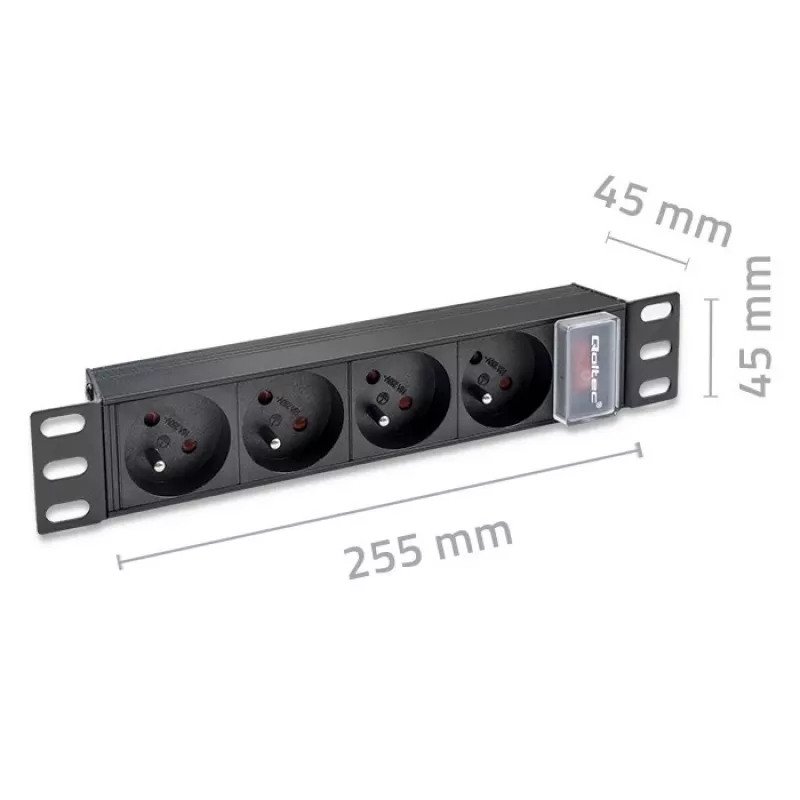 PDU de aluminio Qoltec para RACK de 10'' | 1U | 16A | 4xFRENCH | 1,8m